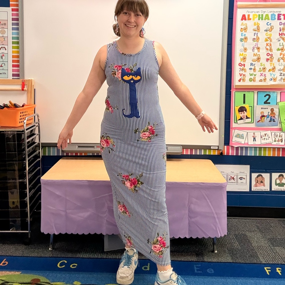 Striped Blue Floral Maxi Dress with Cat Applique - Women's